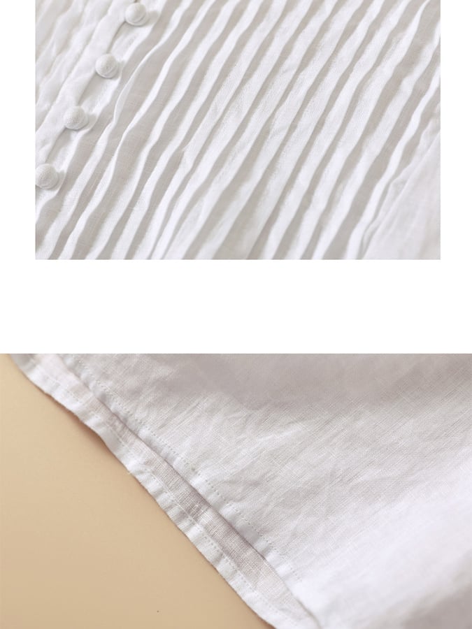 Women's Pleated Round Neck Casual Cotton And Linen Shirt