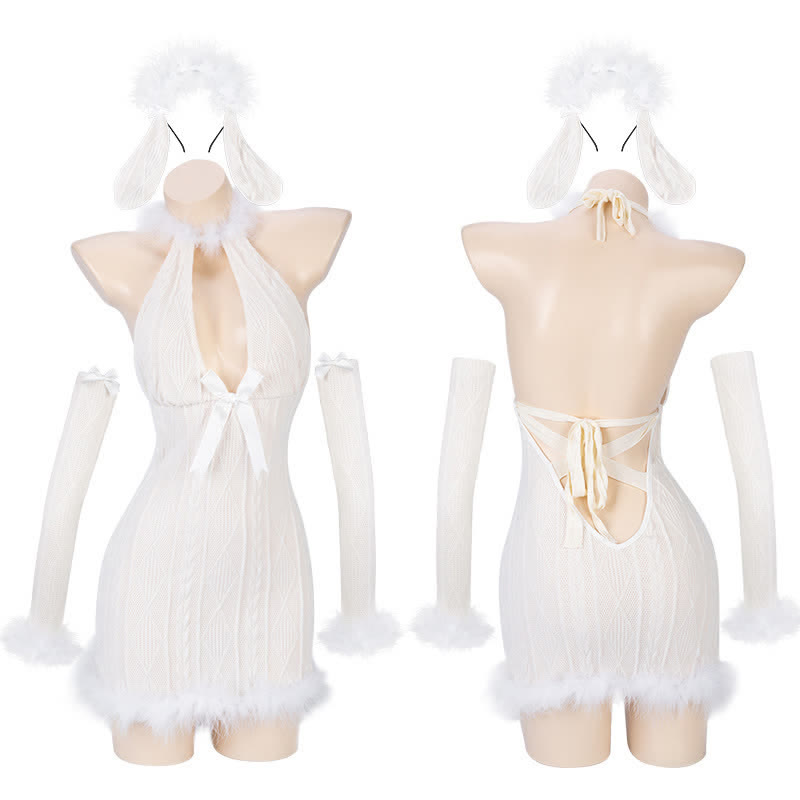 Halter Deep V-neck Velvet Stitching Lace Up Knit Lingerie Dress