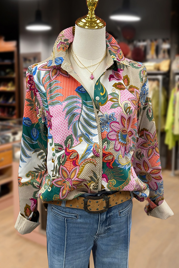 Multi Floral Print Collared Long Sleeve Blouse