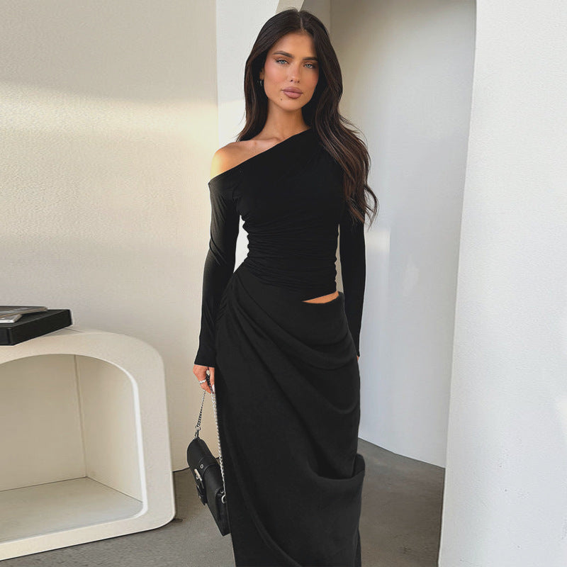 Slim-Fit One-Shoulder Hollow-Out Pleated Dress for Women