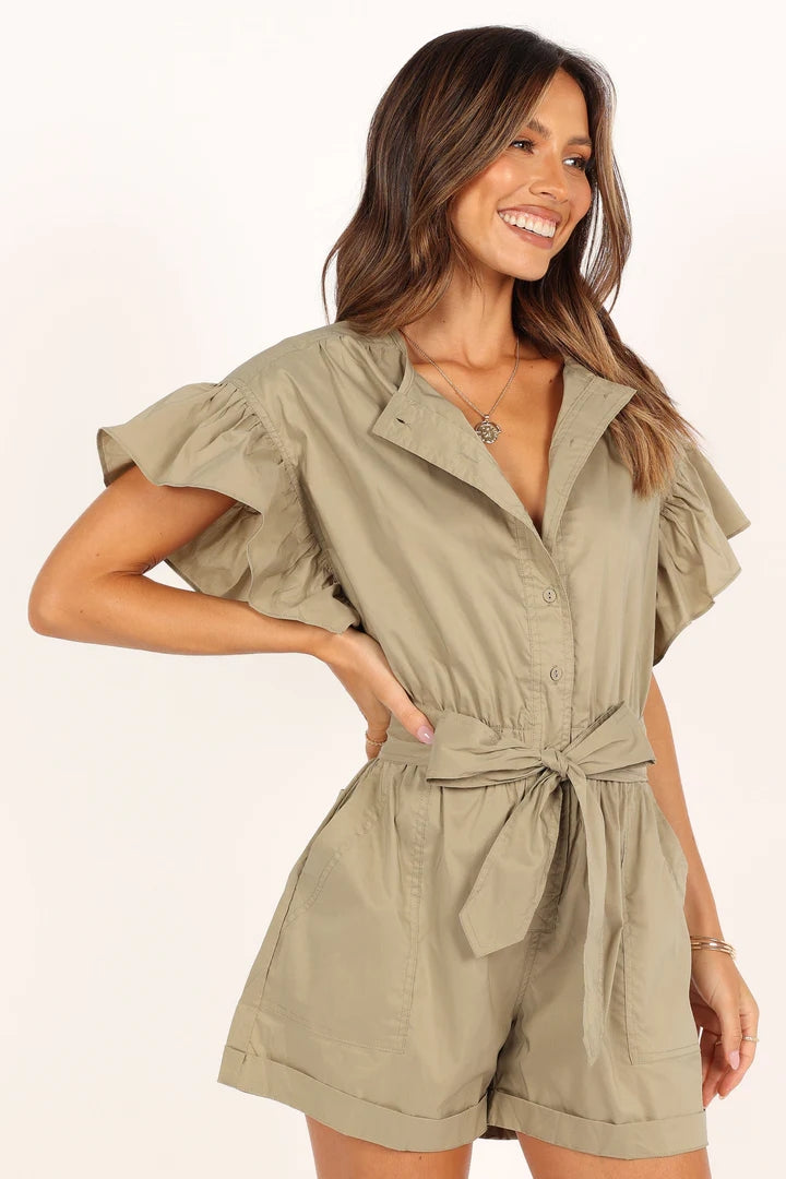 Olive Green Waist Tie Romper