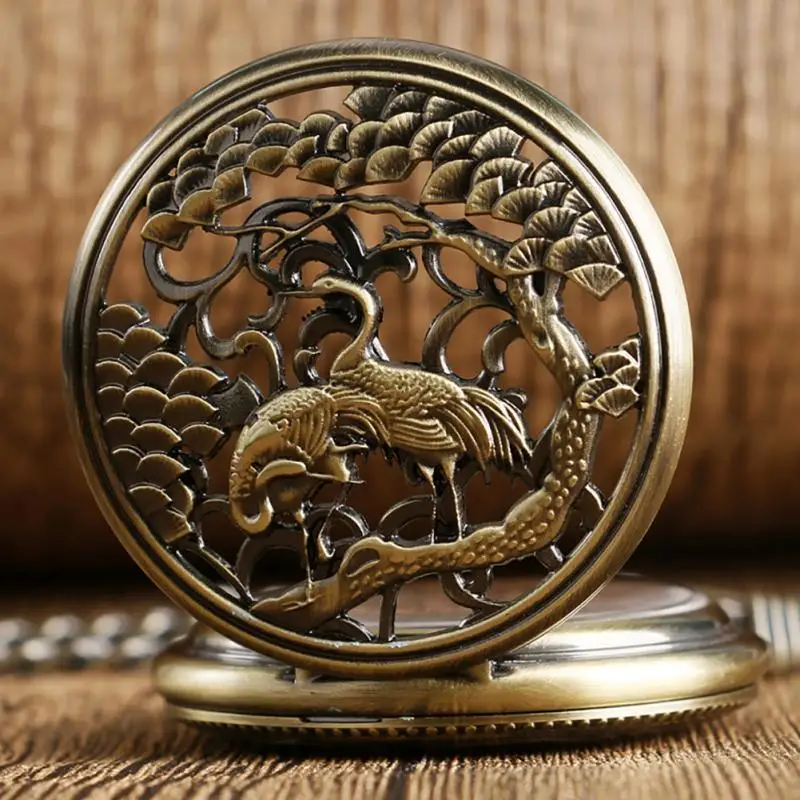 Bronze Hollow Double Crane Case Handwind Mechanical Pocket Watch for Men Pendant Chain Clock Cool Timepiece Relogio De Bolso