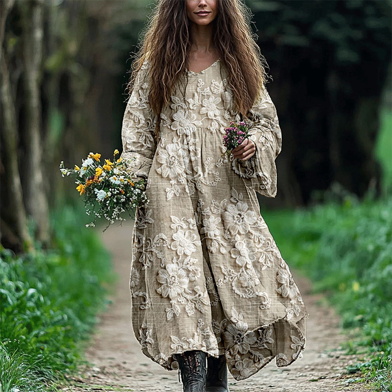 Vintage Floral Lace Embroidered Linen Blend Maxi Dress