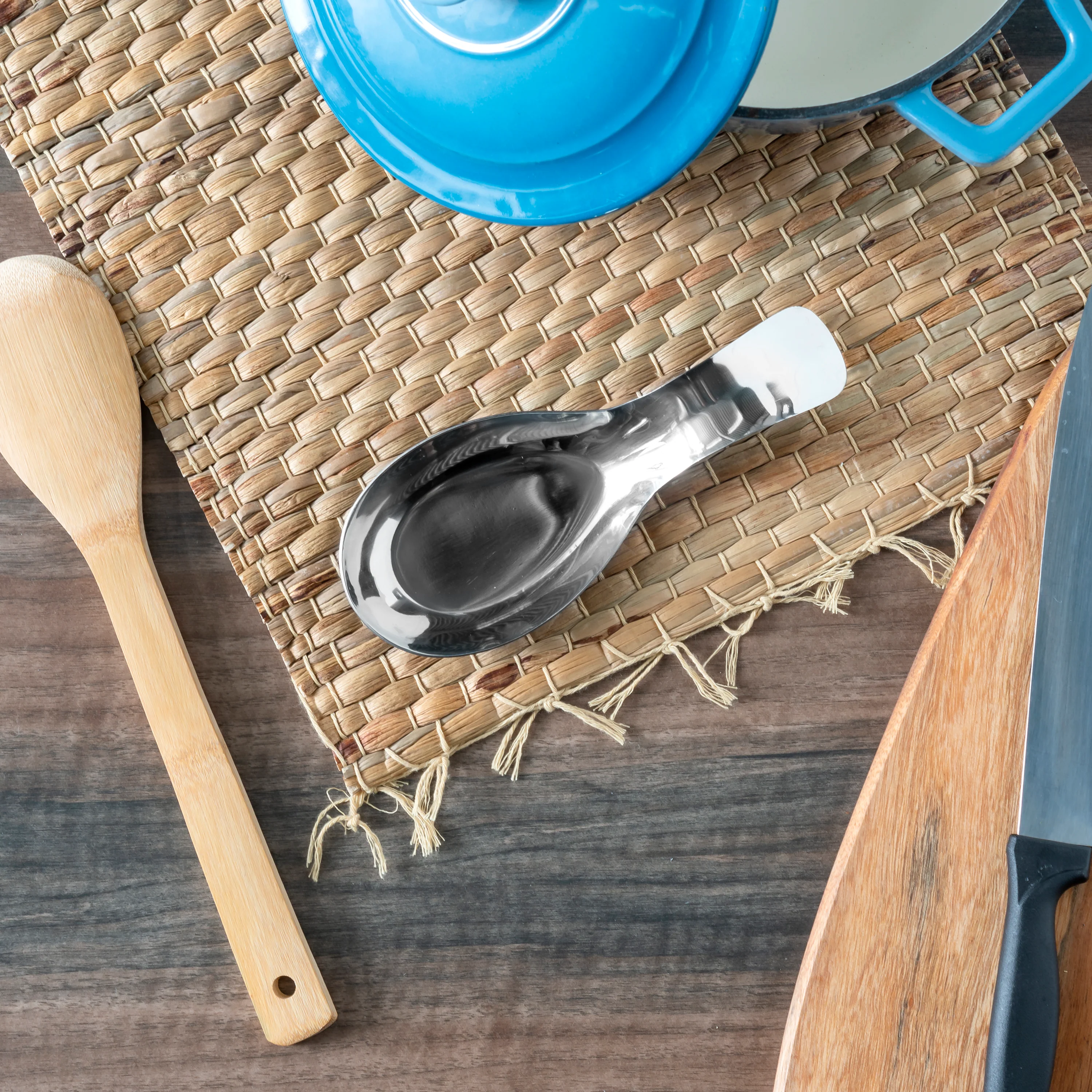 Home Basics Stainless Steel Spoon Rest, Kitchen Spoon Utensil Holder, Silver, 7.9x3.1 Inches