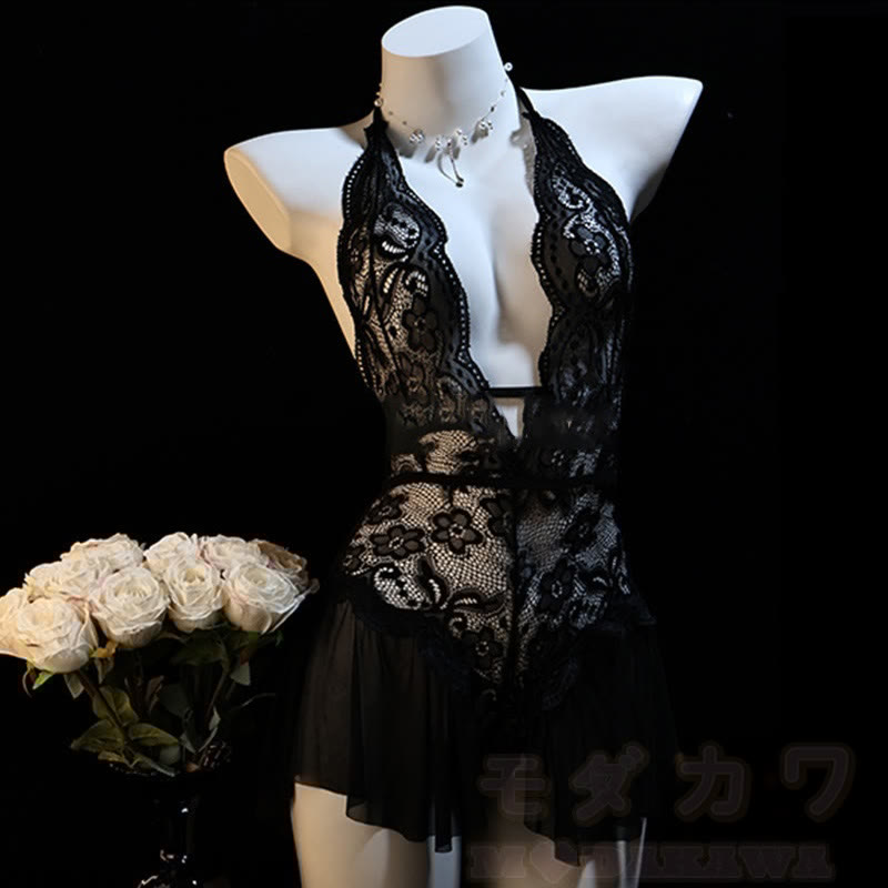 Lace See-through Lace-up Jumpsuit Lingerie