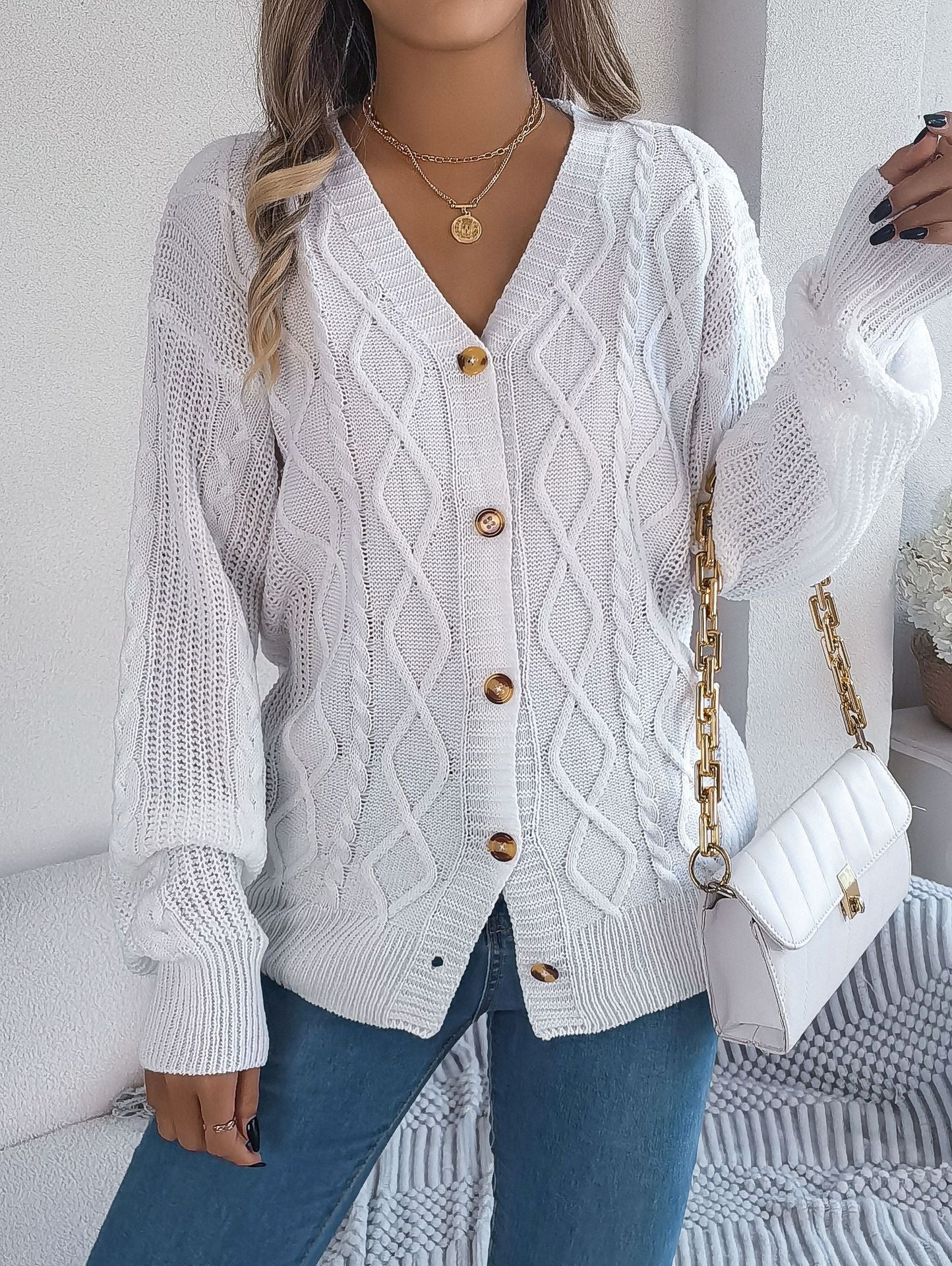 V-neck Lantern Sleeve Twist Button Sweater Coat for Women | Stylish Knitwear