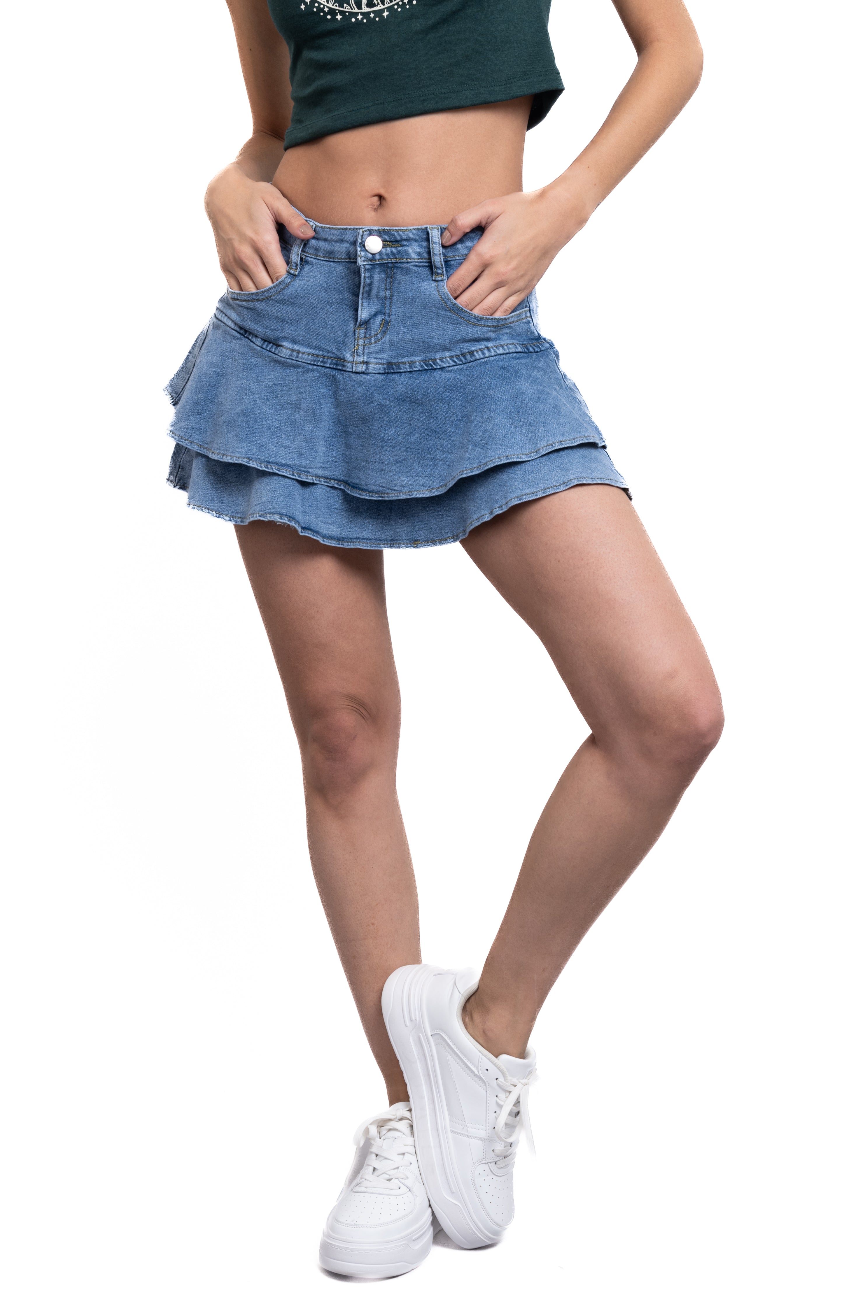 Denim ruffled skort