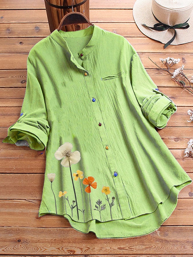 Women's Cotton Linen Stand Collar Print Shirt