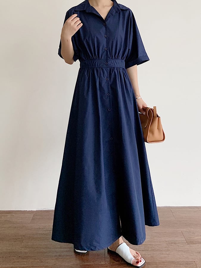 Women's Solid Color Single-Breasted Mid-Length Loose Cotton And Linen Casual Dress