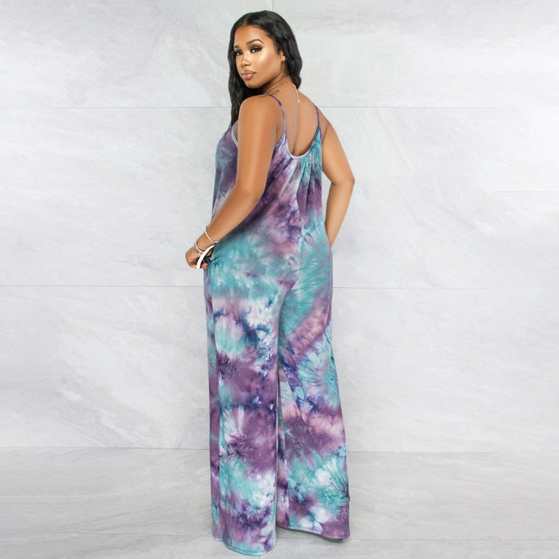 Plus Size New Tie-Dyed Printed Sling Casual Pants Straight Stylish Loose Jumpsuit