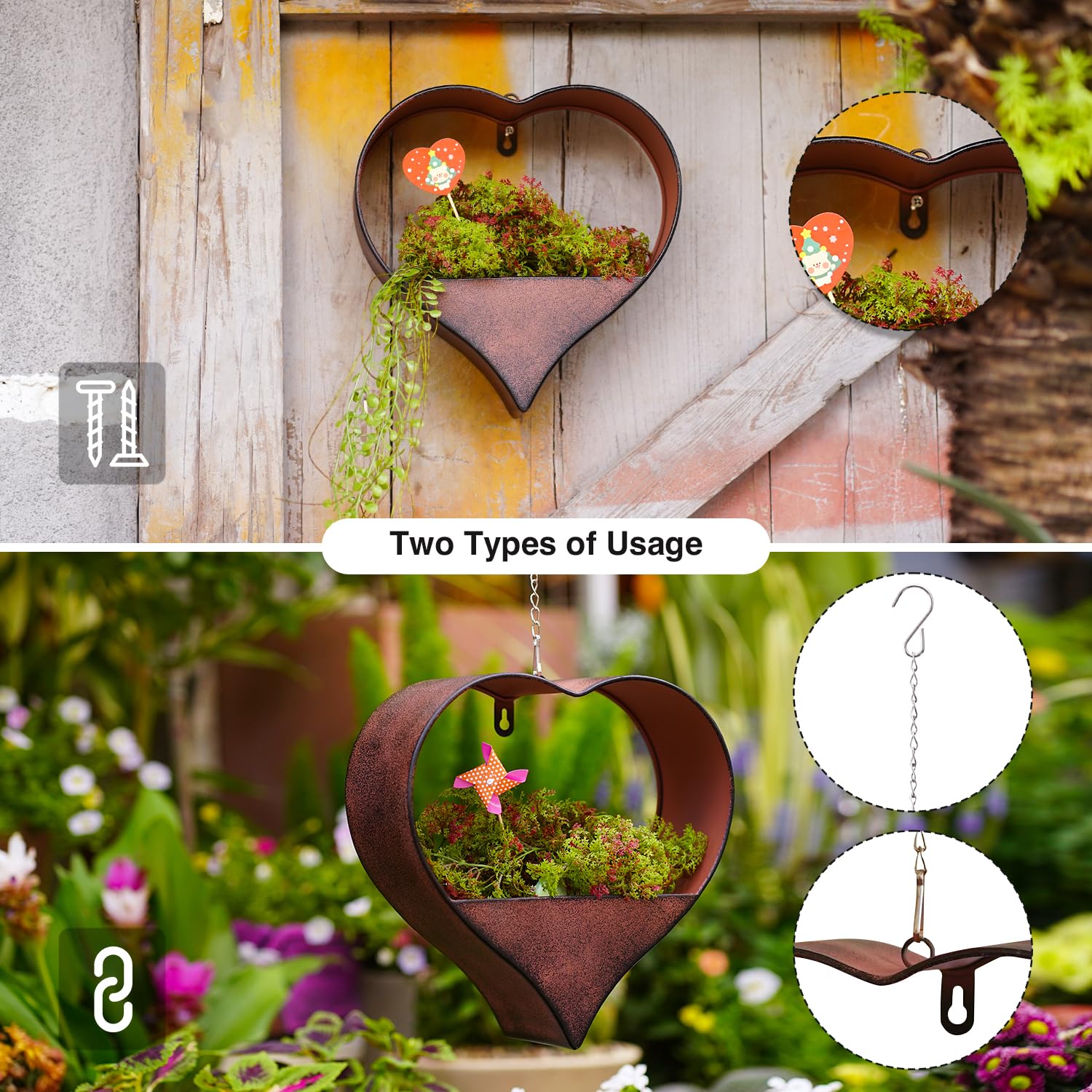 Metal Heart Shaped Hanging Planters for Indoor & Outdoor Plants