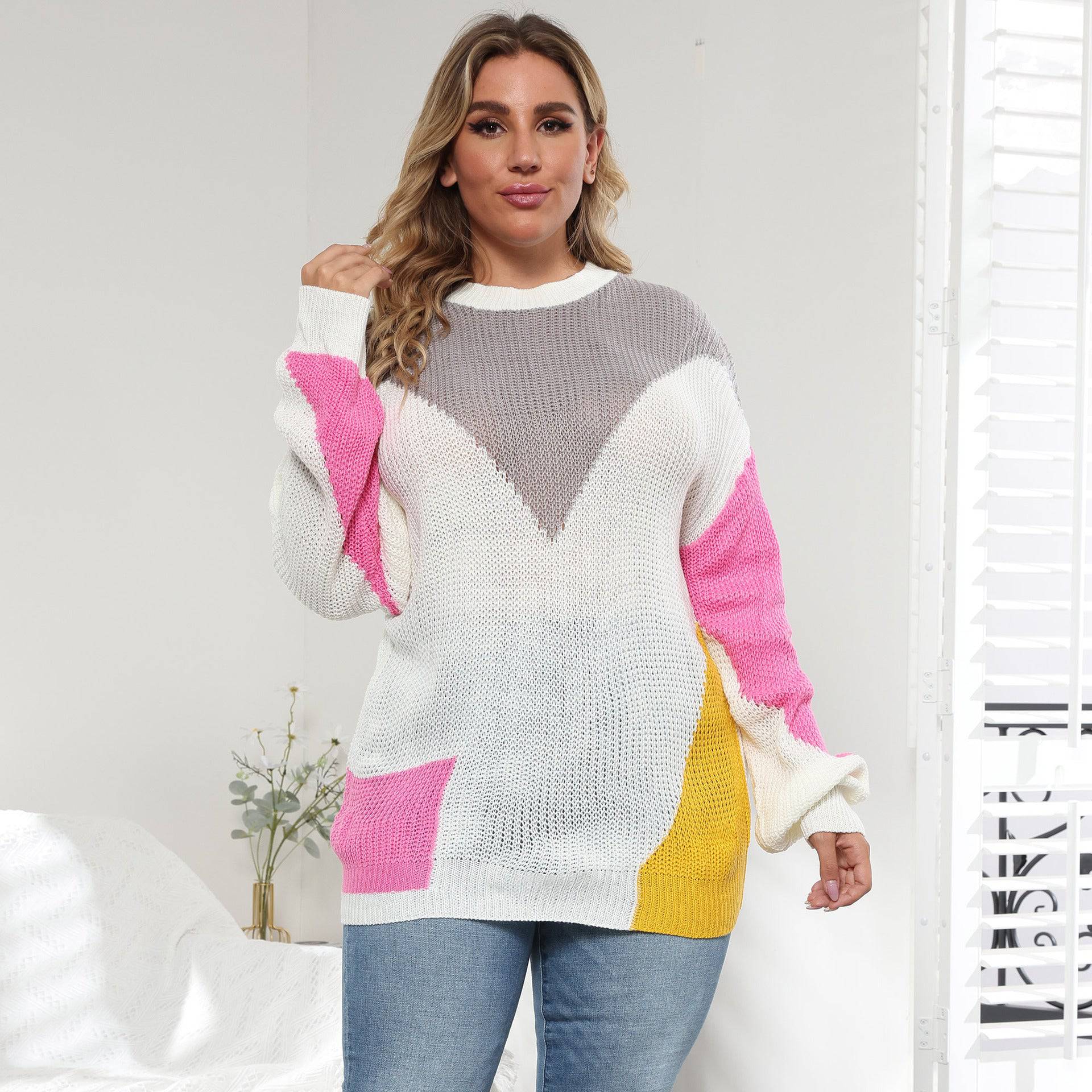 Plus Size Women Clothes Color Contrast Patchwork Loose Casual Pullover Sweater