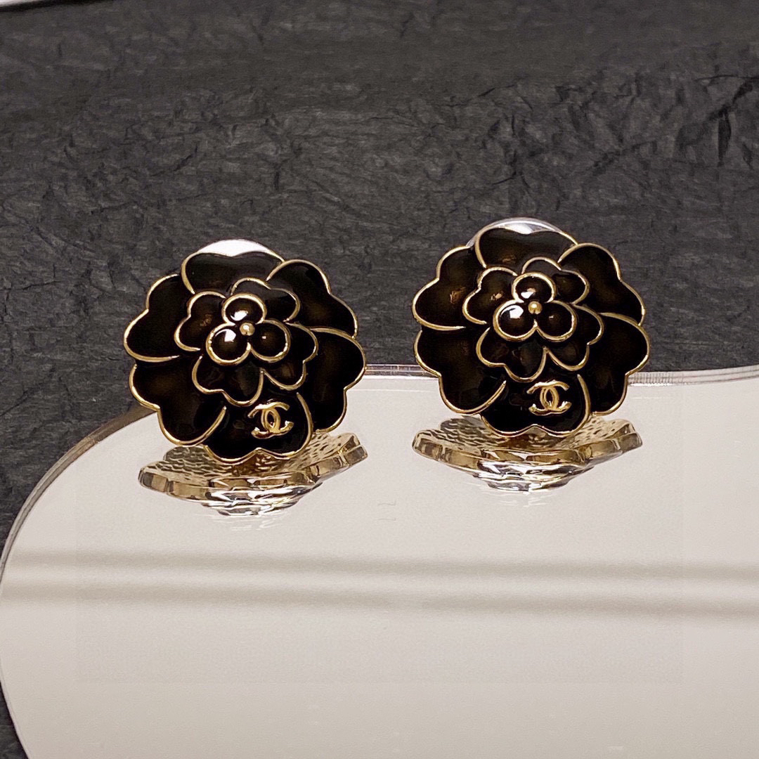 Chanel Black and White Camellia Earrings