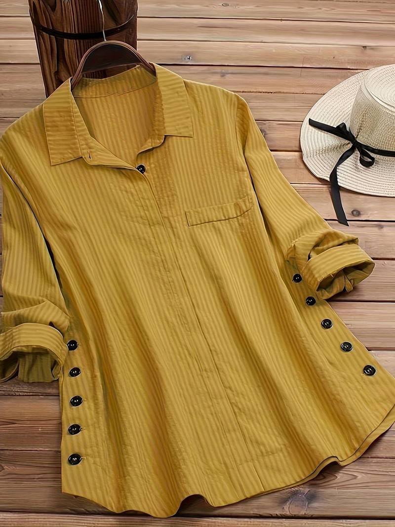 Woven Solid Color Loose Pocket Casual Lapel Top