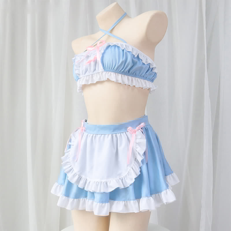 Lace Up Top Ruffled Maid Skirt Lingerie Stockings Set