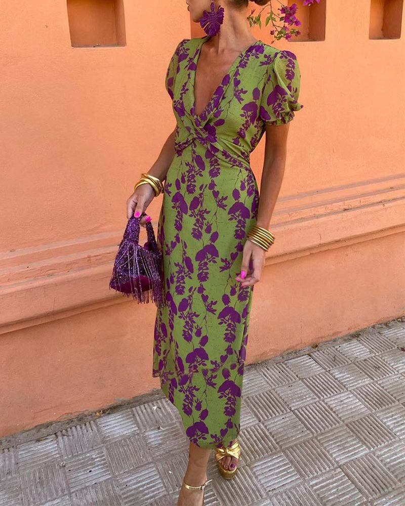 Floral Puff Sleeve Midi Dress