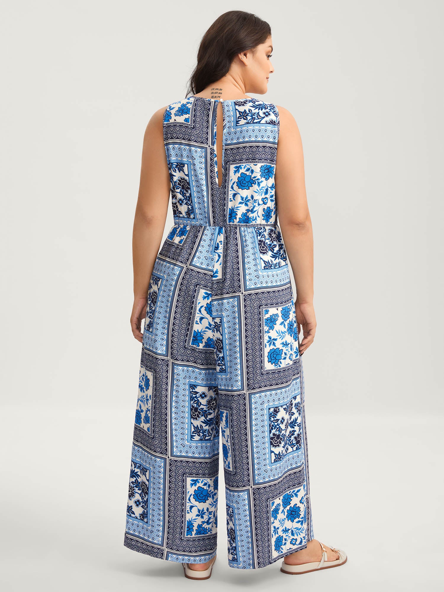 Floral Collage Shirred Straight-Leg Jumpsuit