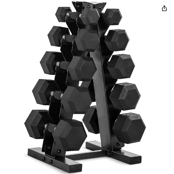 CAP Barbell 150 LB Coated Hex Dumbbell with Tinted Handle Weight Set and Vertical Rack