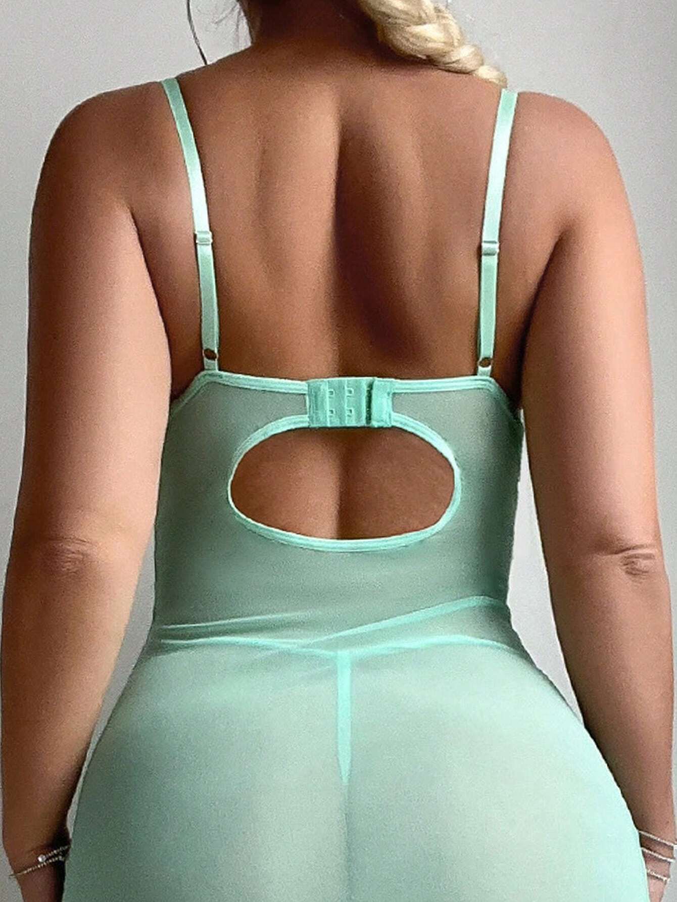 Sexy see-through mesh seductive lace backless high slit light blue lingerie slip dress