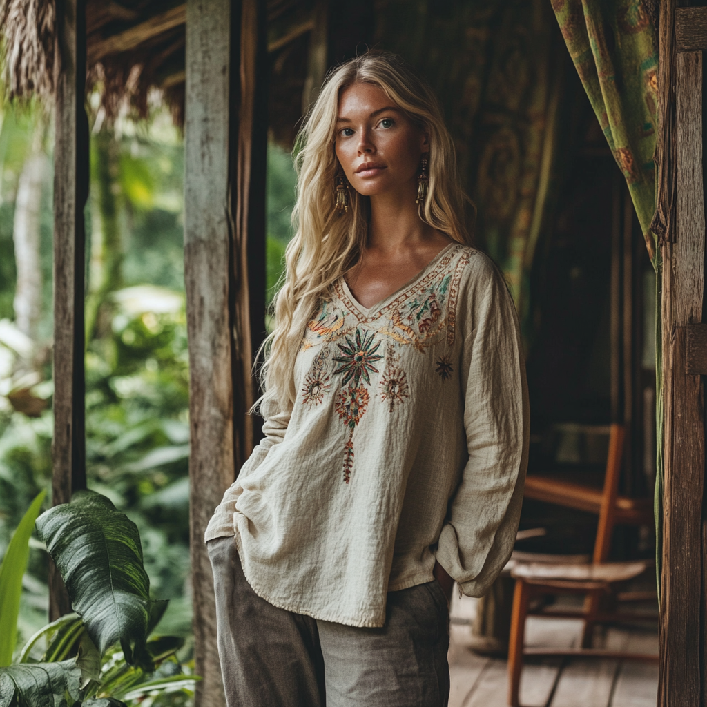 Vintage Retro Blossoms Embroidered Art Linen Tops
