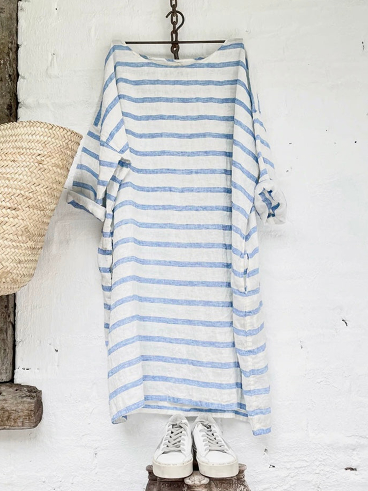 Simple Striped Comfortable Loose Fitting Midi Dress