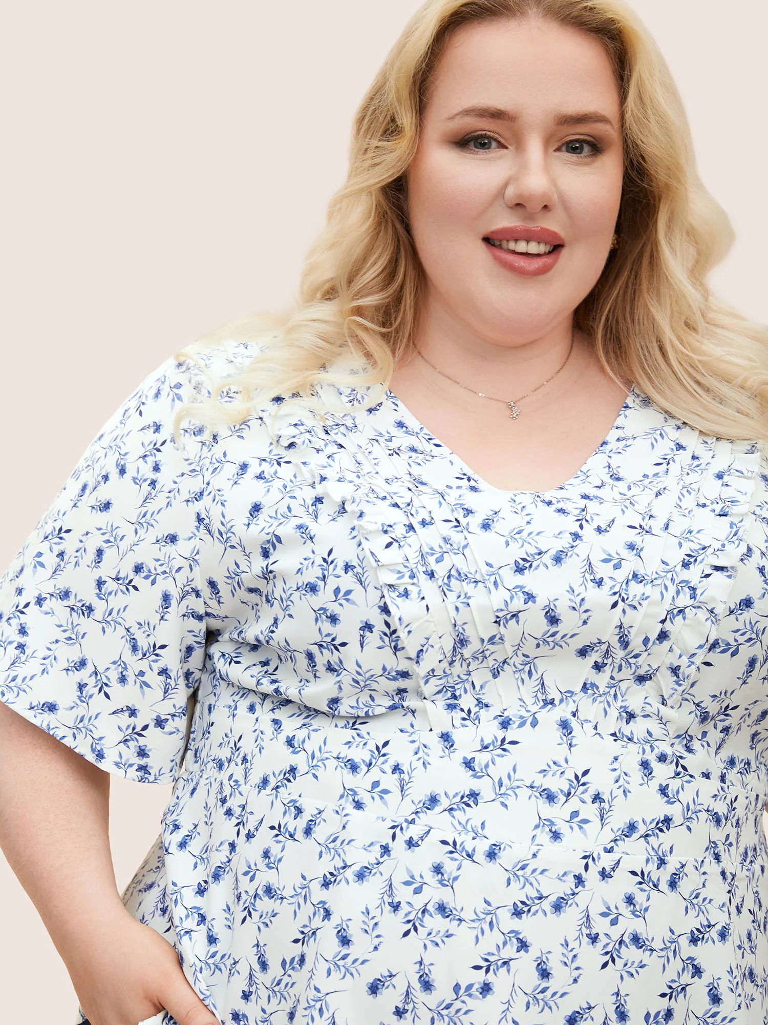 Floral Pleated Elastic Waist Ruffle Sleeve Blouse