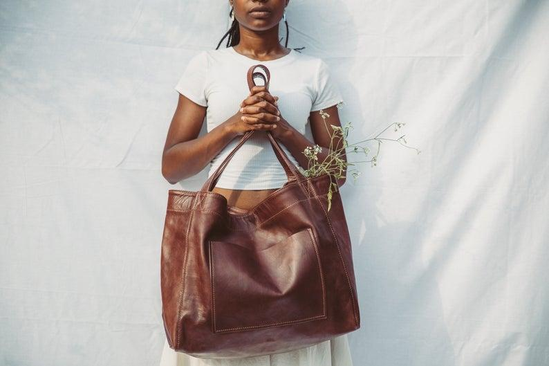 Women's Large Soft Leather Tote Bag With Pocket