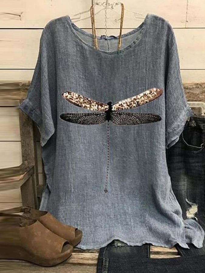 Women's Dragonfly Print Casual Cotton T-Shirt