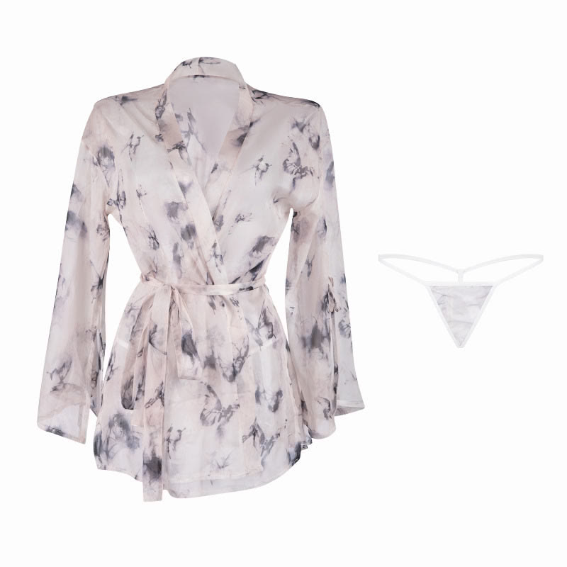 Sexy Butterfly Print See-through Kimono Lingerie Set