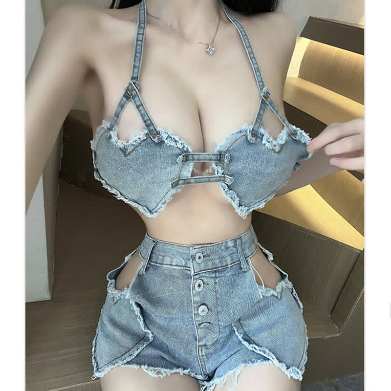 Sexy Halter Hollow Out Love Heart Denim Lingerie Set