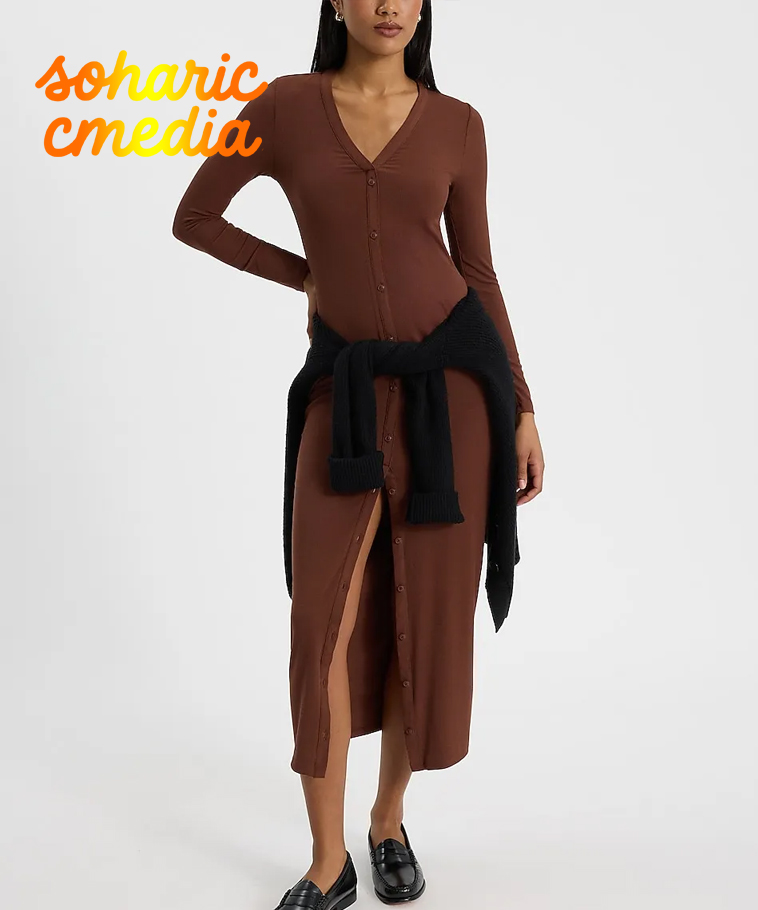 Ribbed Knit Long Sleeve Button Down Midi Dress