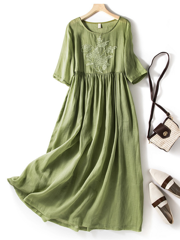 Embroidered Round Neck Short Sleeve Loose Midi Dress