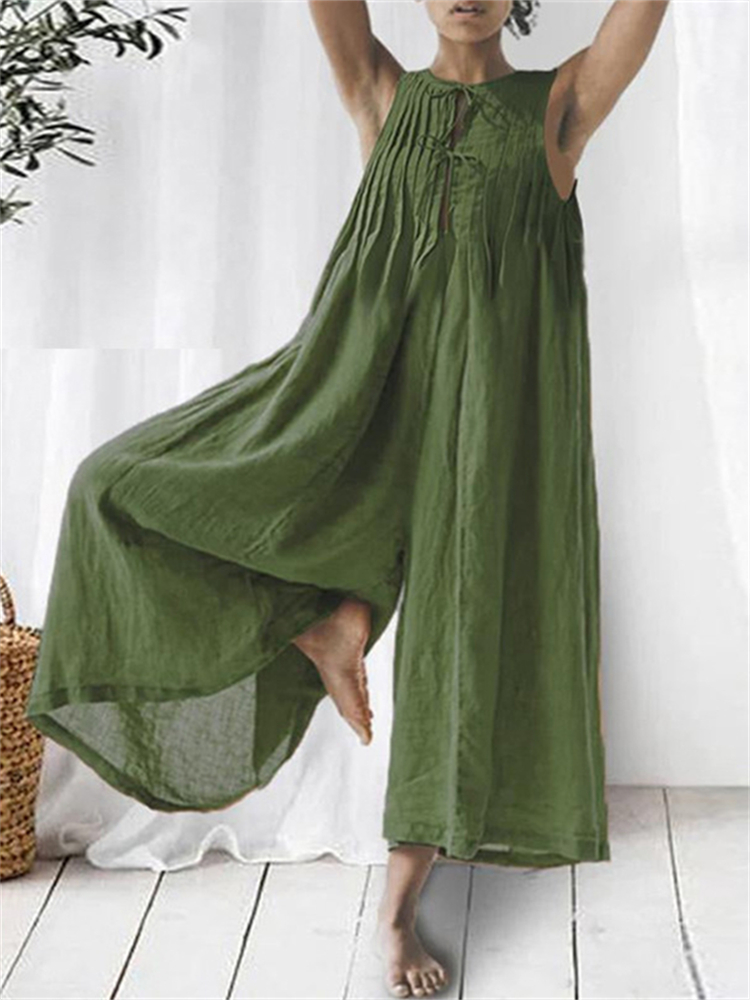 Pleated Laced Front Wide Leg Flowy Jumpsuit