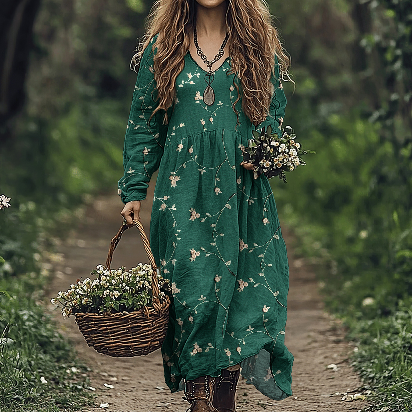 Vintage Botanical Floral Embroidery Women's Linen Maxi Dress
