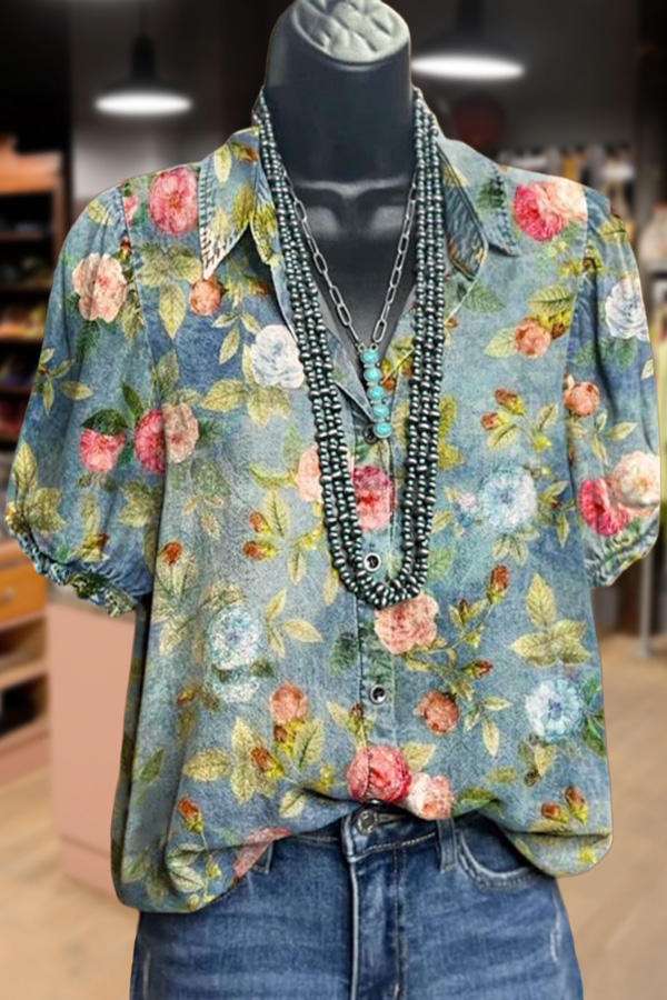 Colorful Floral Print Puff Sleeve Top