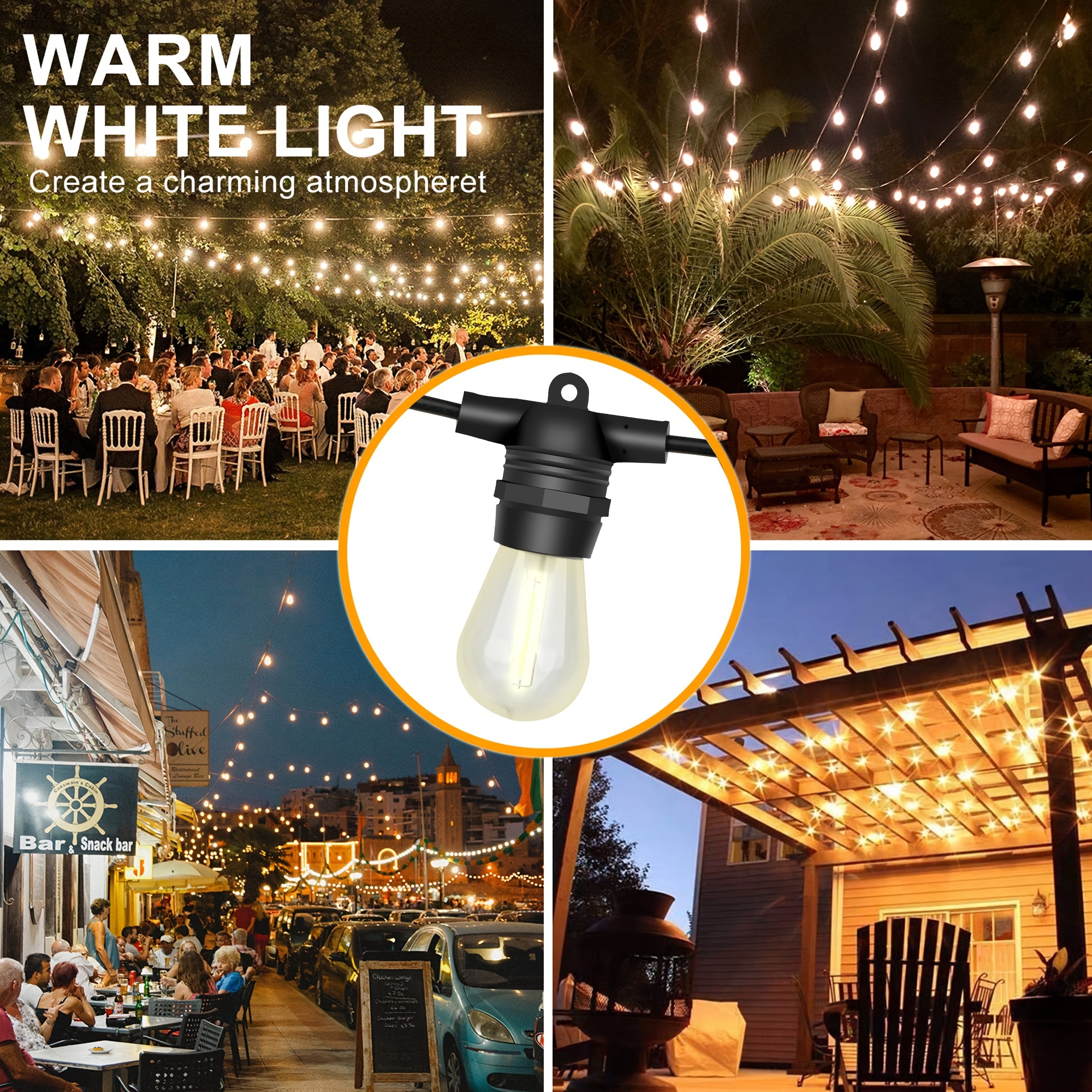Solar String Lights Outdoor Waterproof LED Shatterproof 25FT/49FT Heavy Duty Outdoor String Lights Solar Powered With Plastic Hanging S14 Bulbs