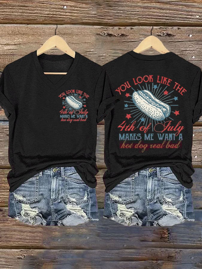 Womens Retro Independence Day Hot Dog Print T-Shirt