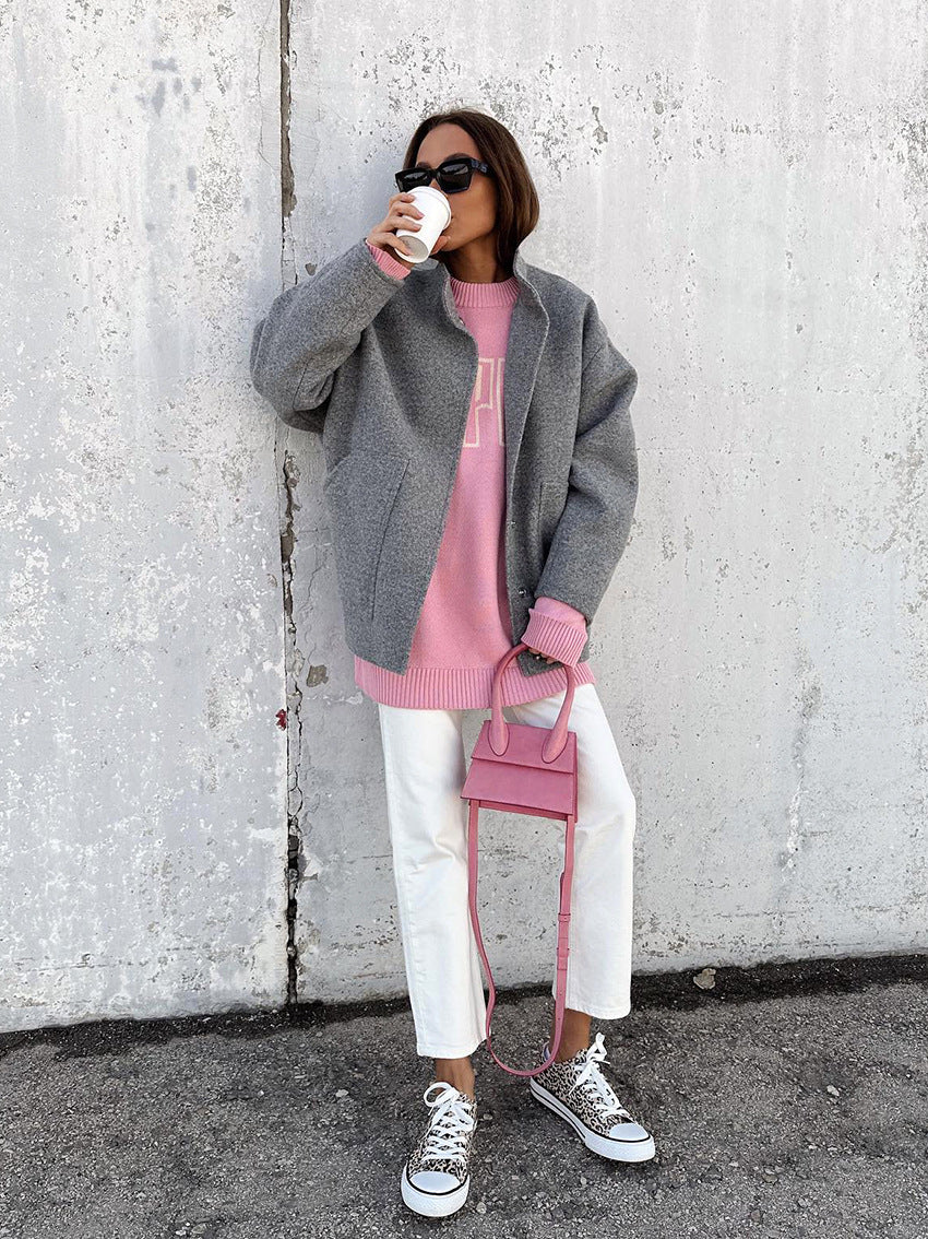 Fashionable and Simple Gray Woolen Coat for Women