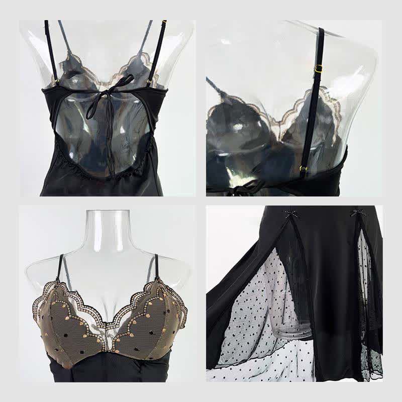 Backless V-neck Lace Sexy Split Mesh Satin Slip Dress Nightdress