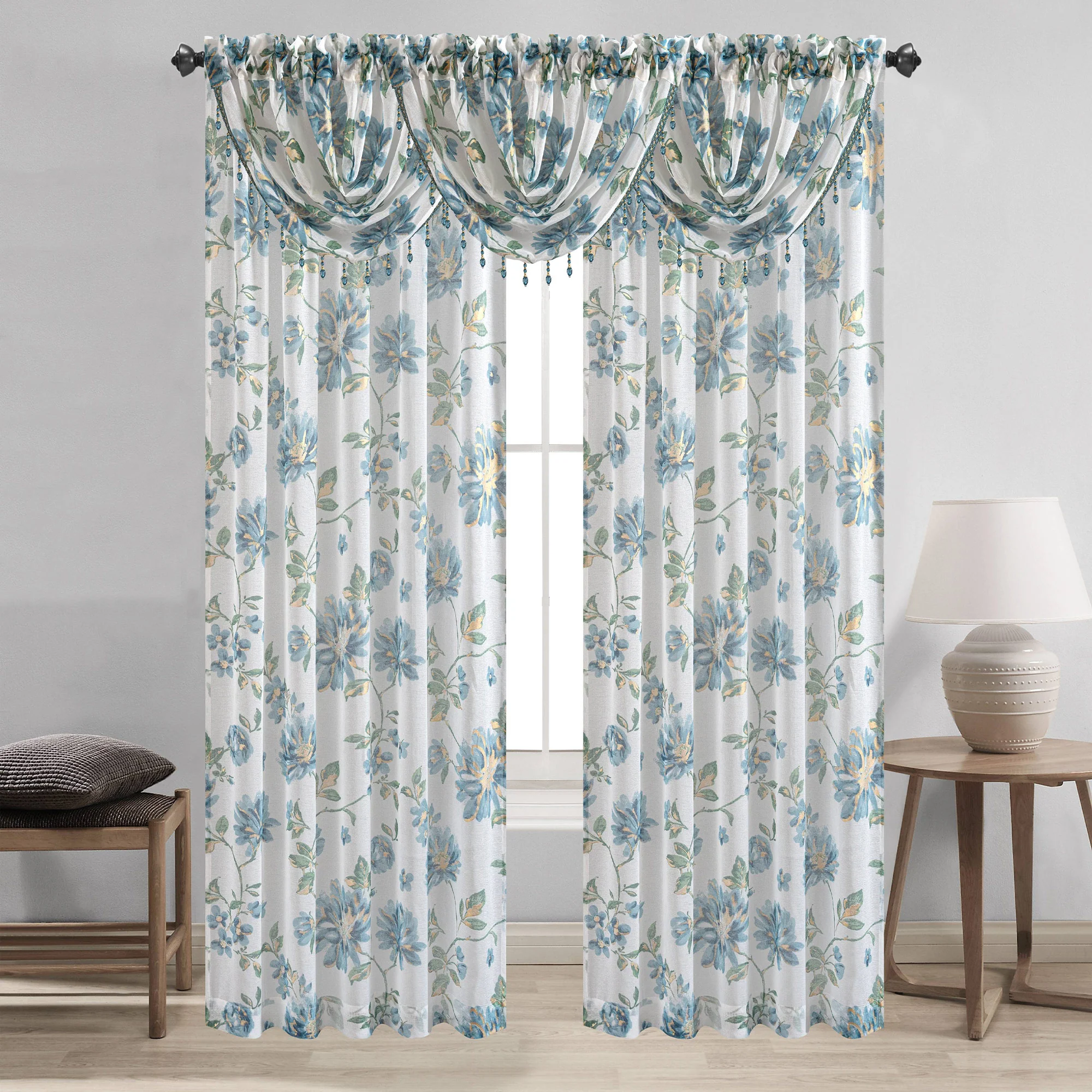 Anna Sheer Metallic Floral Rod Pocket Window Panel & Waterfall Valance, All Sold Separately