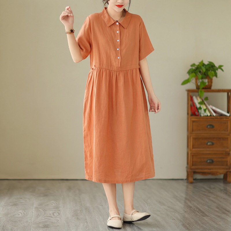 Solid Color Cotton Linen Lapel Midi Dress