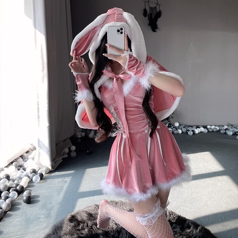 Sexy Lace Up Plush Slip Dress With Bunny Hooded Cloak