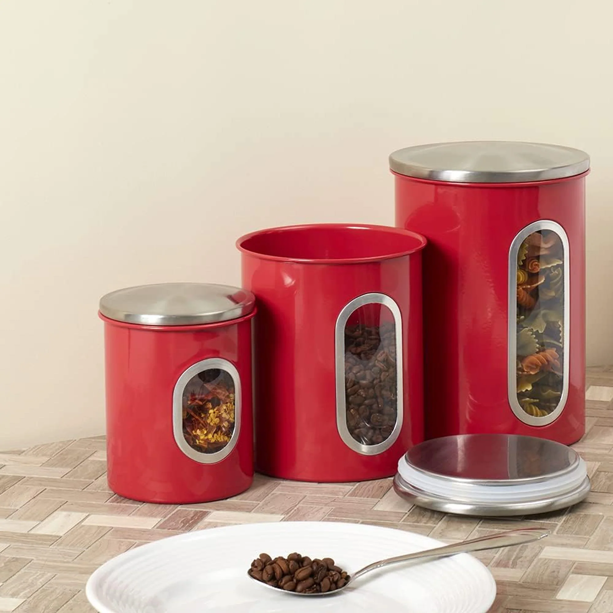 Home Basics 3 Piece Stainless Steel Top Canisters with Windows, Red
