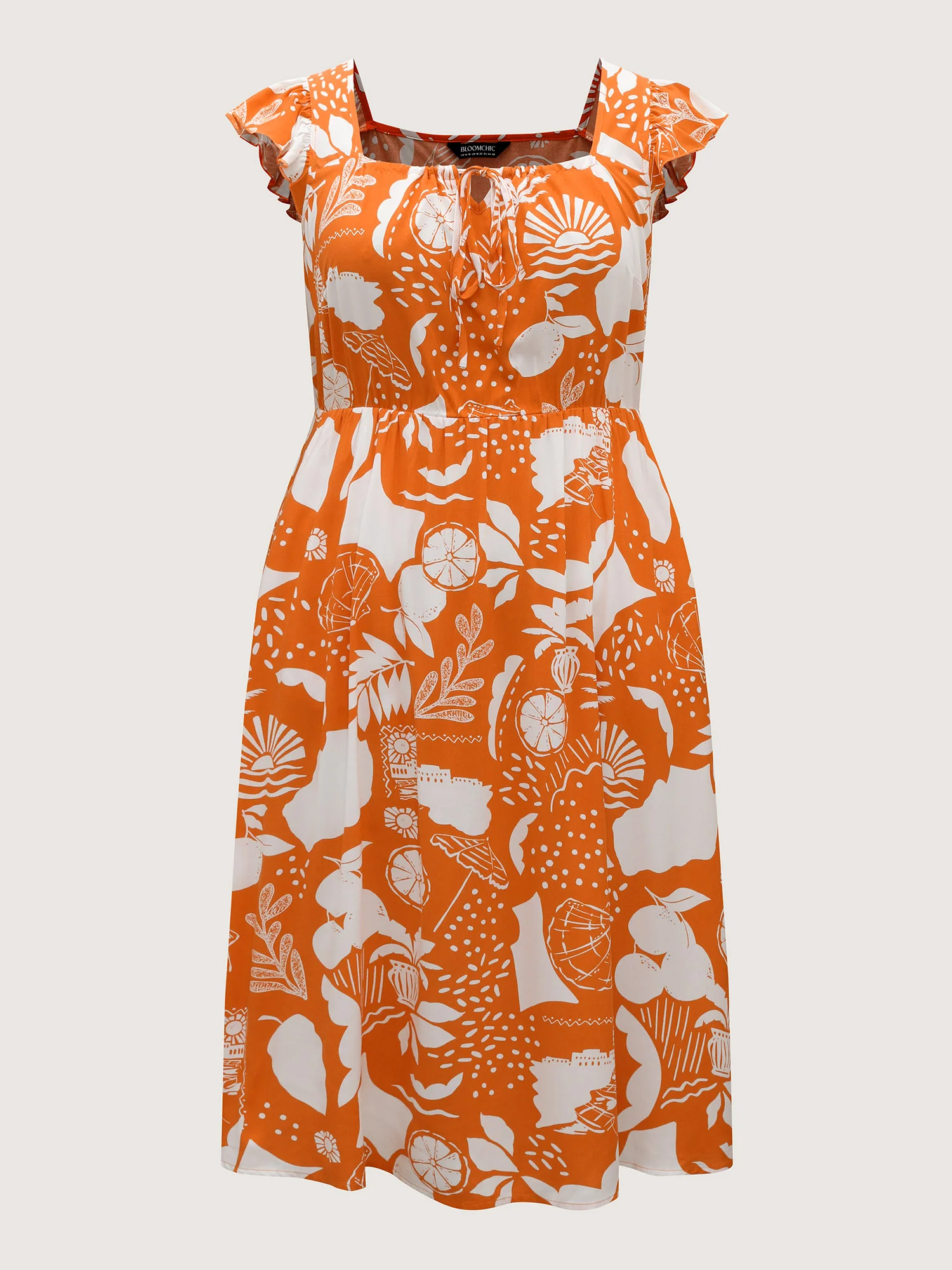 Rayon Fruity Floral Neck Tie Midi Dress