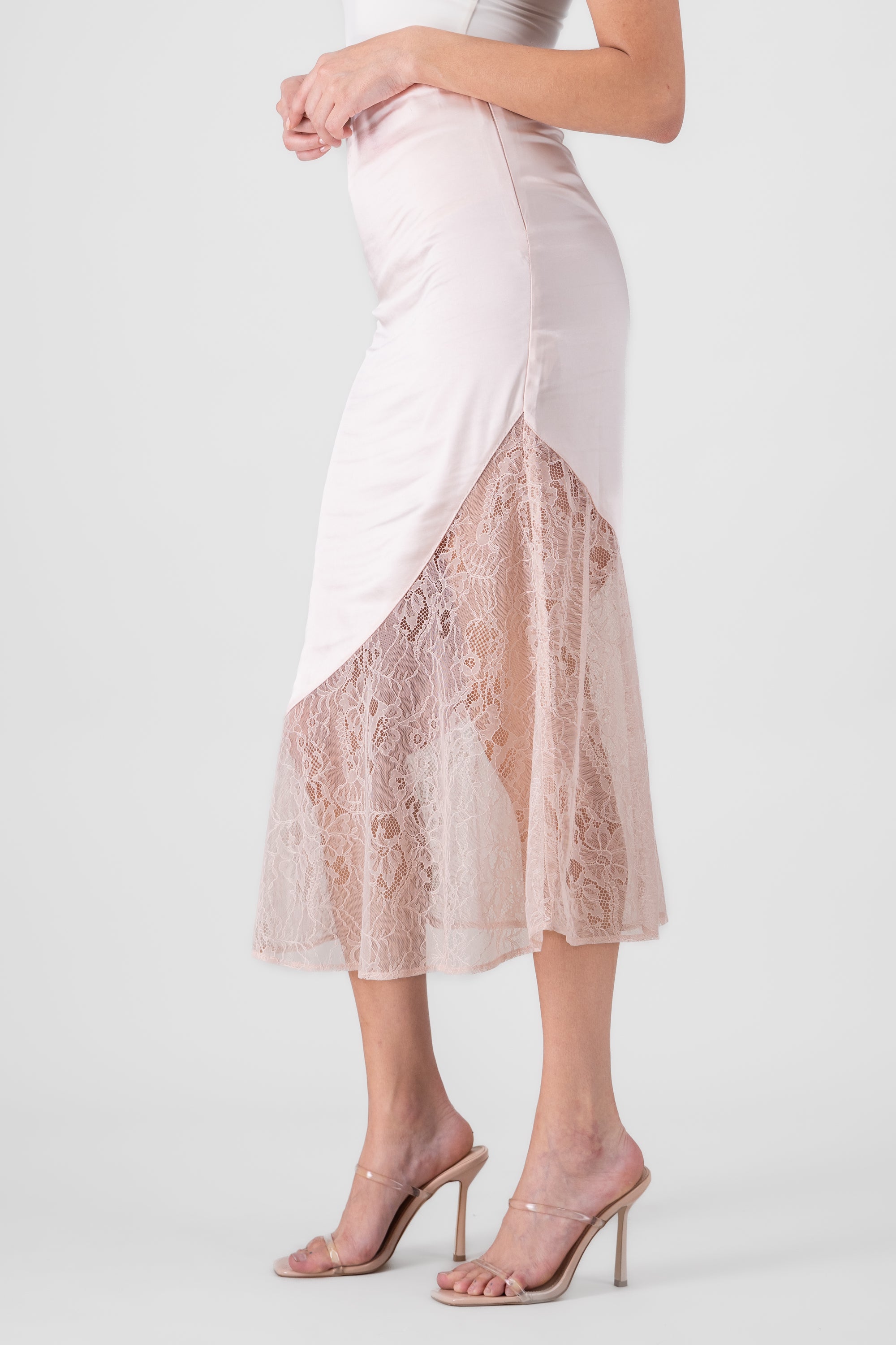 Midi Satin Skirt With Lace