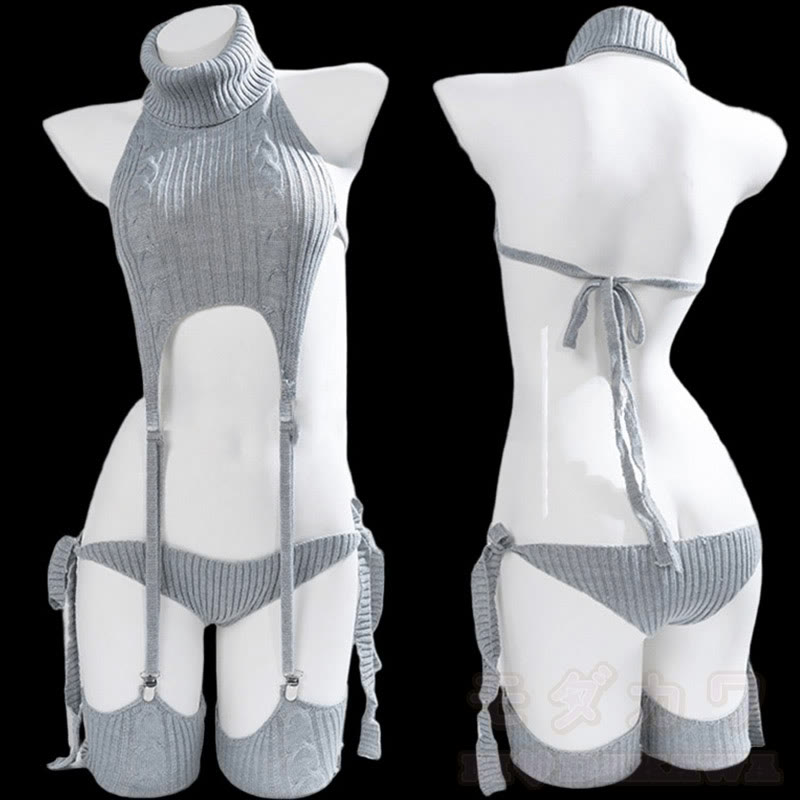Backless Lace-up Sweater Lingerie Set