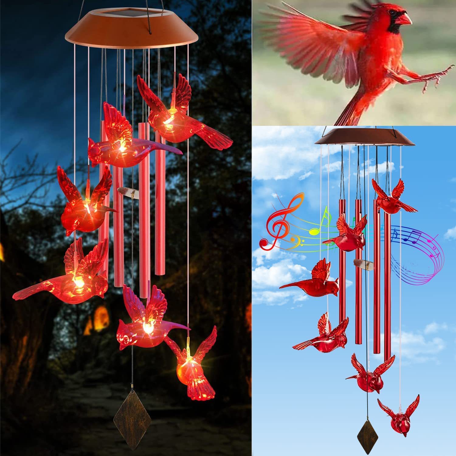 Solar Flame Bird Cardinal Wind Chime Light