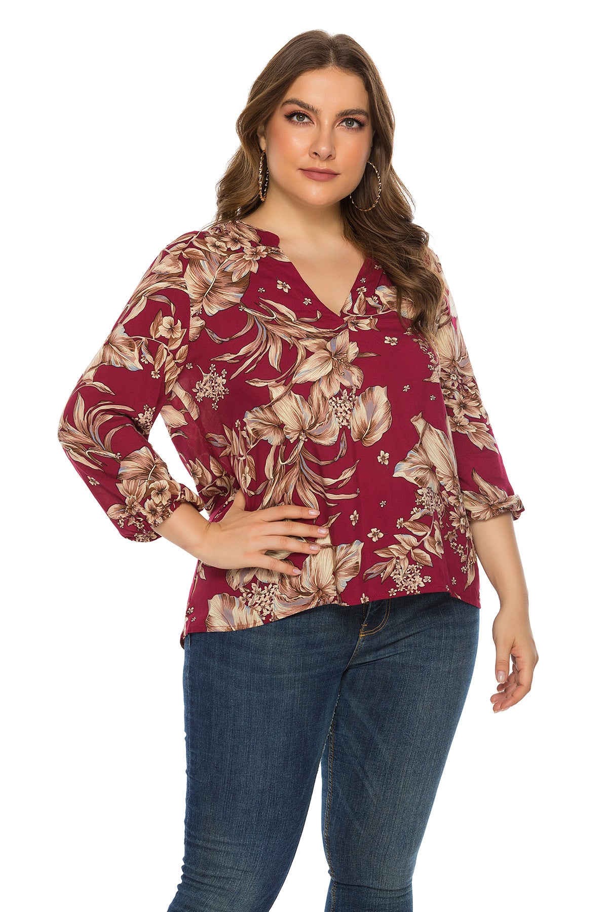 Plus Size Women Clothing Spring Autumn Long Sleeve V neck Printed Rayon Top