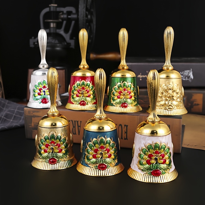 🦚🔔Handmade Peacock & Floral Antique Handbells – Vintage-Inspired Metal Bells