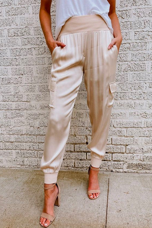 Heididress Fashion Style High Waist Satin Pants with Pockets